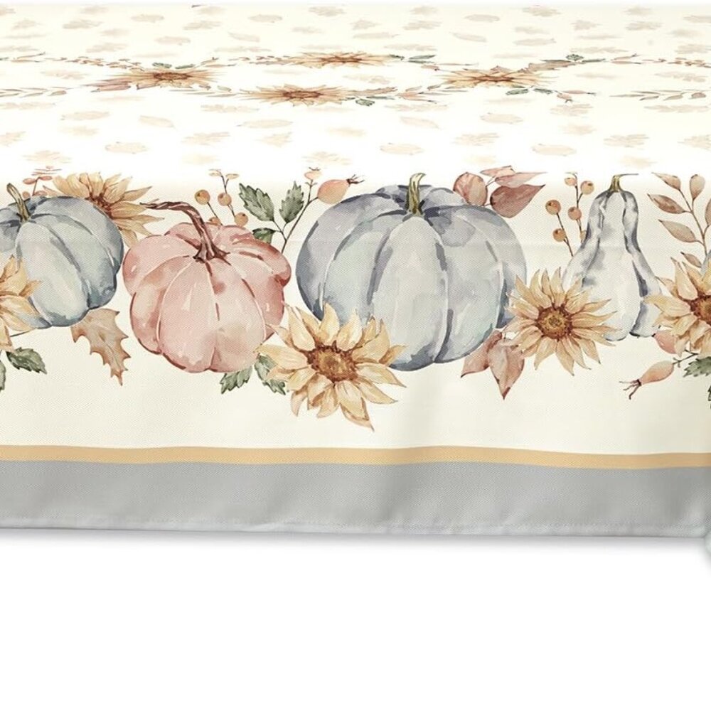 Blue Pumpkin Bordered Thanksgiving Tabletop, Stonewashed Fall Pumpkin and Sunflo